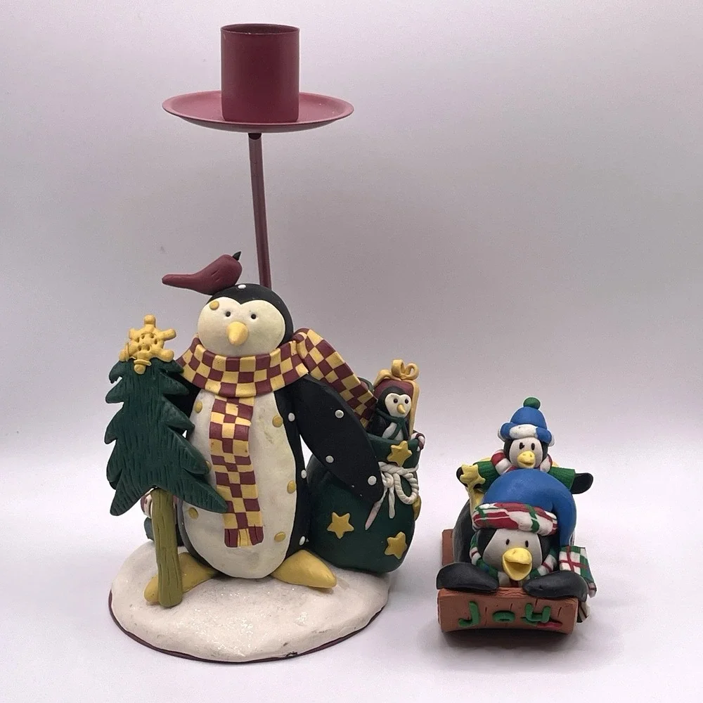 Decorative Winter‎ Penguin Figurine And Candle Stick Holder Polymer Clay